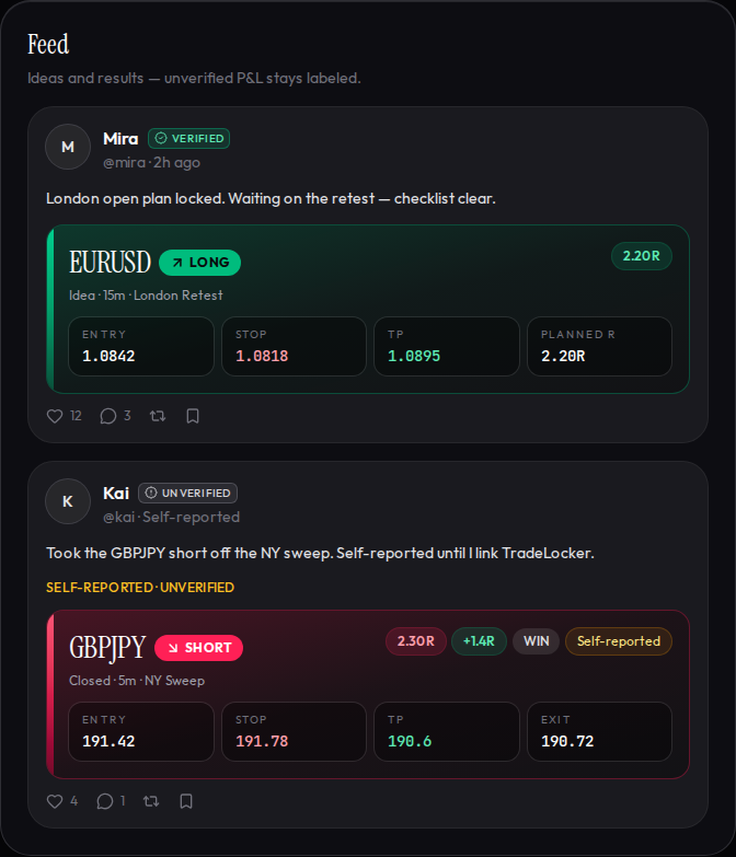 NL social feed with verified and unverified trade posts