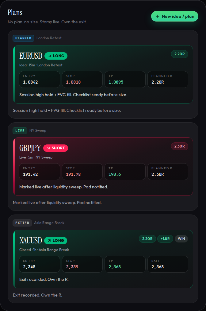 NL Plans desk showing PLANNED, LIVE, and EXITED trade tickets
