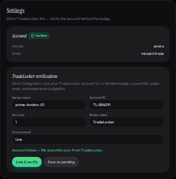 NL Settings showing direct TradeLocker verification link